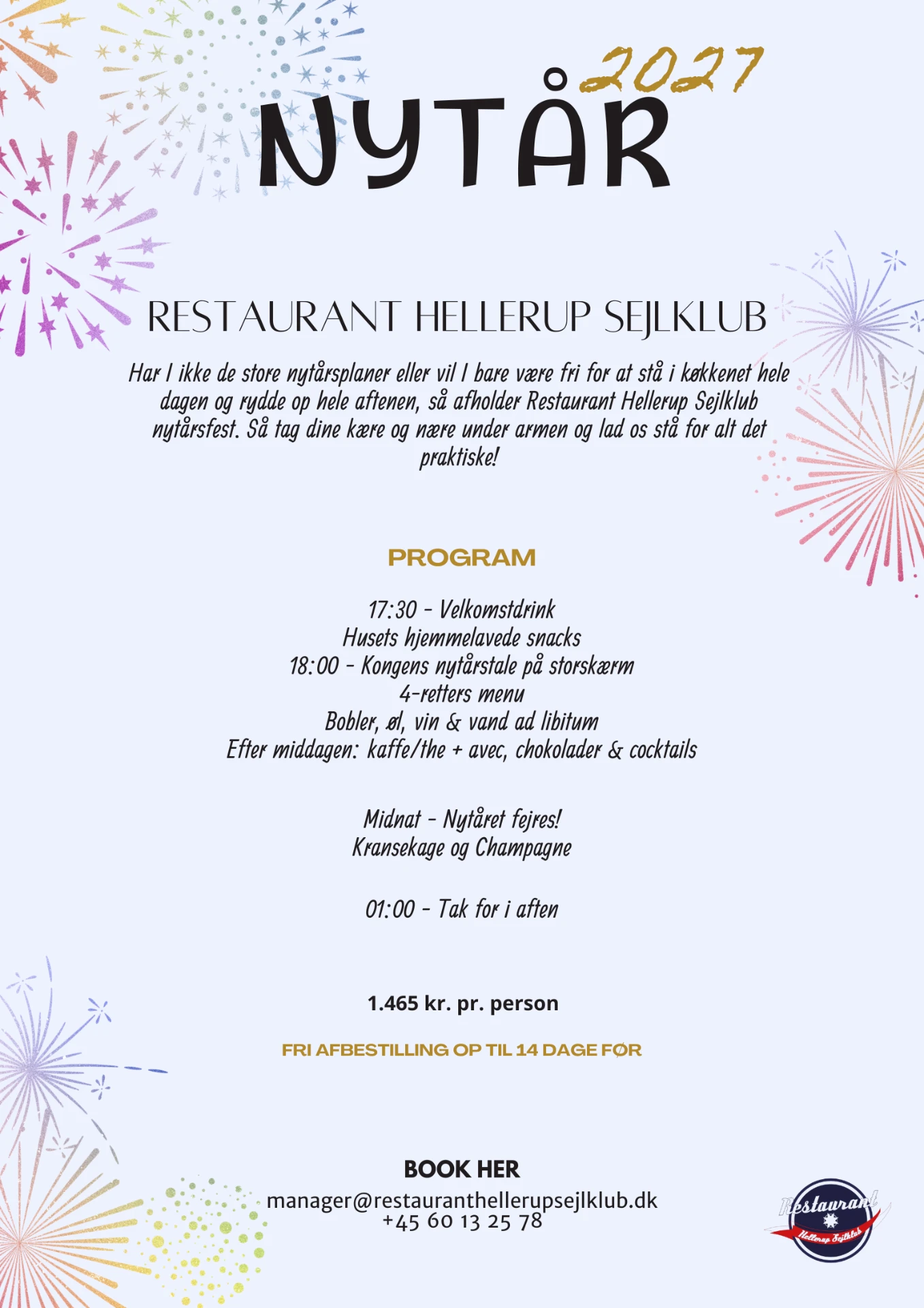 Flyer for nytårsfest 2027 på Restaurant Hellerup Sejlklub